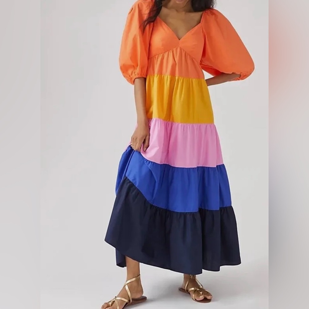 Anthropologie Farm Rio Tiered Colorblocked Maxi Dress Puff Sleeve Cotton